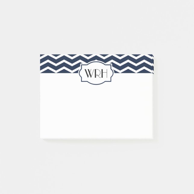 Navy Blue White Chevron Patterned Monogrammed Post-it Notes (Front)
