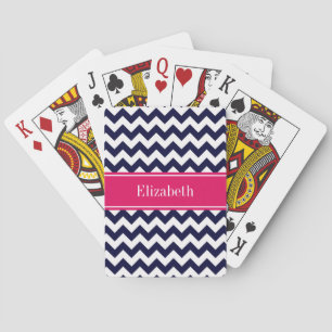 Navy Blue White Chevron Raspberry Name Monogram Playing Cards