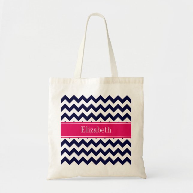 Navy Blue White Chevron Raspberry Name Monogram Tote Bag (Front)