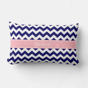 Navy Blue White Chevron Zig Zag Pink Name Monogram Lumbar Cushion