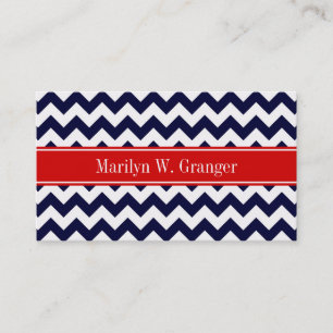 Navy Blue White Chevron Zig Zag Red Name Monogram Business Card
