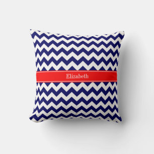 Navy Blue White Chevron Zig Zag Red Name Monogram Cushion