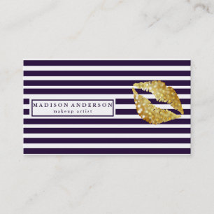 Navy Blue & White Chic Gold Lips - Makeup Artist B Business Card