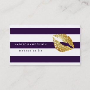 Navy Blue & White Chic Gold Lips - Makeup Artist Business Card