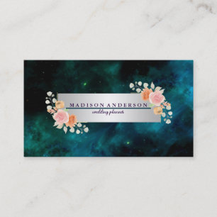 Navy Blue White Chic Stripes Silver Vintage Floral Business Card