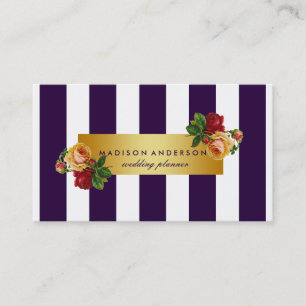 Navy Blue White Chic Stripes Silver Vintage Floral Business Card