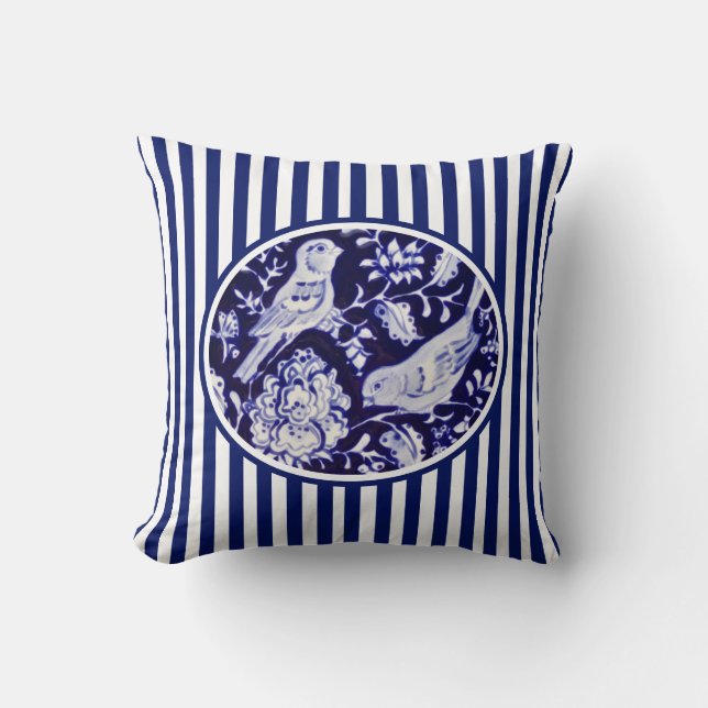 Navy Blue & White Chinoiserie Birds Floral Stripe Cushion (Front)