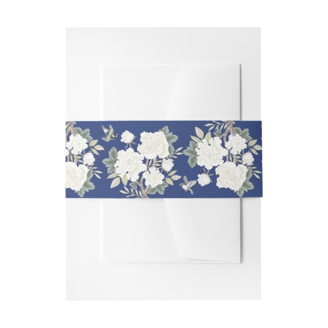 Navy Blue White Chinoiserie Floral Wedding Invitation Belly Band (Front Example)