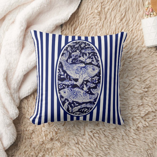 Navy Blue & White Chinoiserie Koi Fish Pond Stripe Cushion (Blanket)