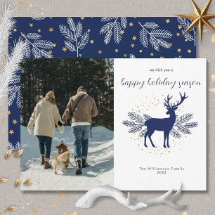 Navy Blue White Christmas Deer Evergreen Photo Holiday Card