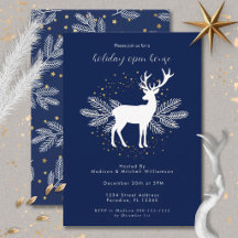 Navy Blue White Christmas Deer Evergreen Sprigs