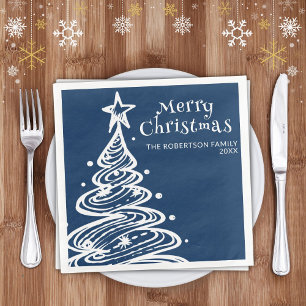 Navy Blue White Christmas Tree Christmas Party Napkin