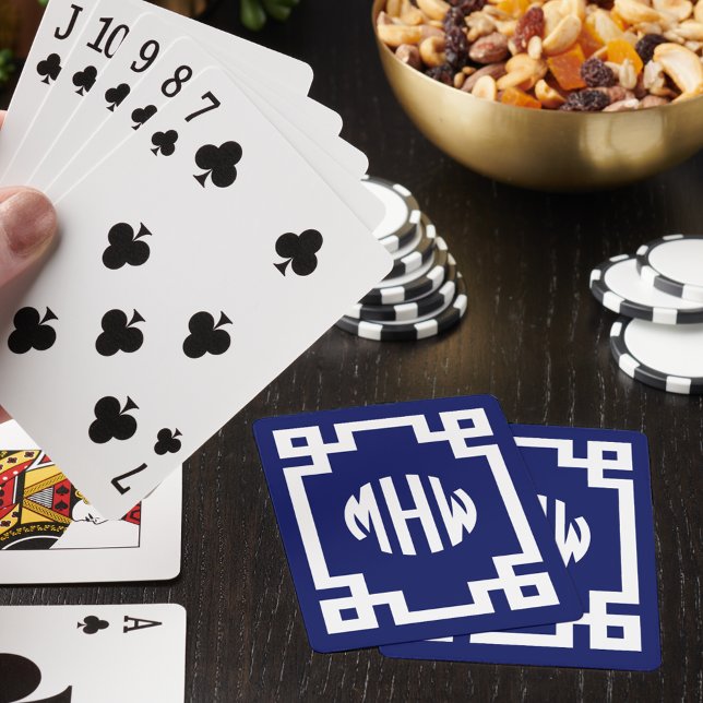 Navy Blue White Circle Monogram Greek Key DIY BG Playing Cards (Creator Uploaded)