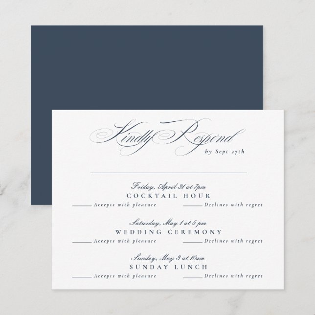 Navy Blue White Classic Calligraphy multi-event RSVP Card (Front/Back)