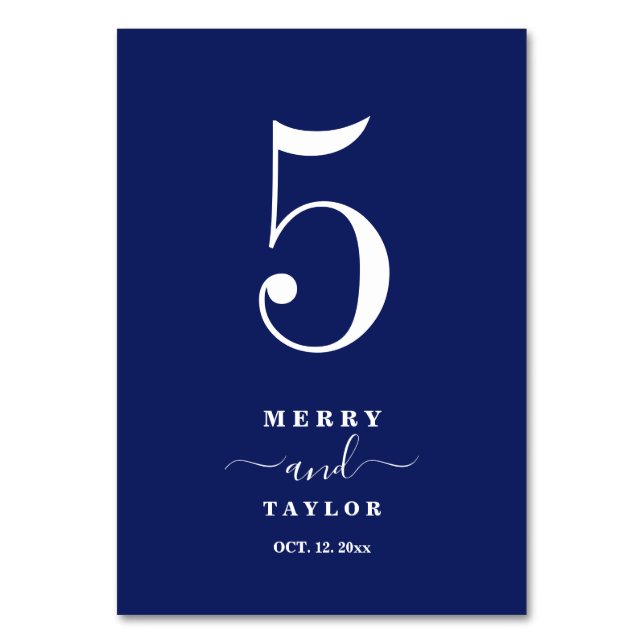 Navy Blue & White Classic simple Copper Wedding Table Number (Front)