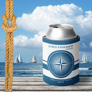 Navy Blue White Compass Nautical Can Cooler