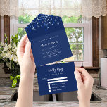 Navy blue white confetti birthday rsvp all in one invitation<br><div class="desc">A navy blue background,  decorated confetti. Personalise and add names,  party details,  RSVP date,  return address and name.</div>