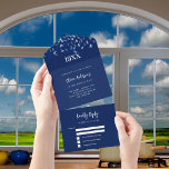 Navy blue white confetti birthday rsvp all in one invitation<br><div class="desc">A navy blue background,  decorated confetti. Personalise and add year of birth,  name,  party details,  RSVP date,  return address and name.</div>