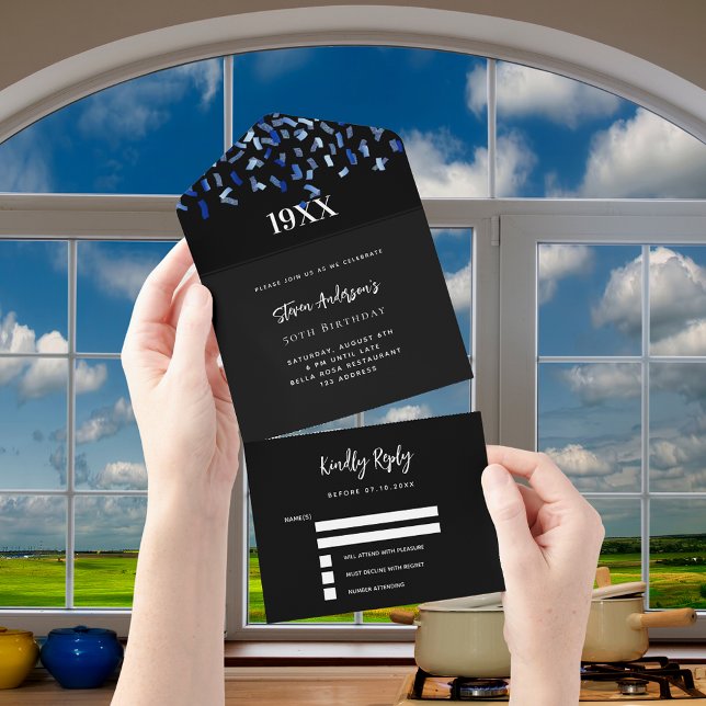 Navy blue white confetti year birthday rsvp all in one invitation (Creator Uploaded)