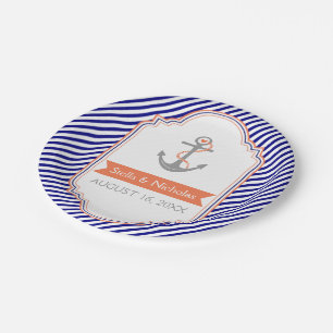 Navy blue, white coral anchor nautical wedding paper plate