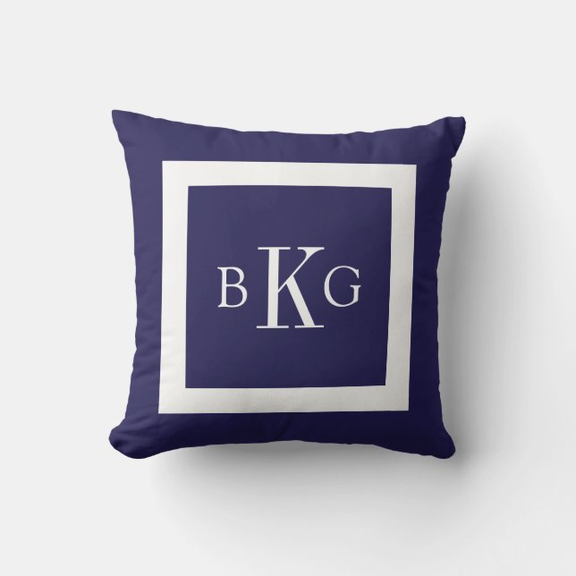 Navy Blue White Custom Monogram Cushion (Front)