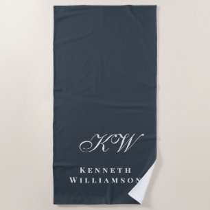 Navy Blue White Custom Monogram Minimalist Men Beach Towel