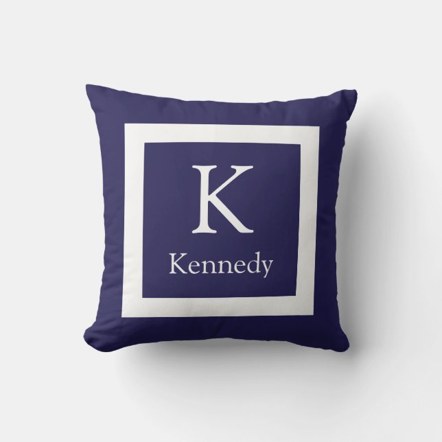 Navy Blue White Custom Monogram Name Cushion (Front)