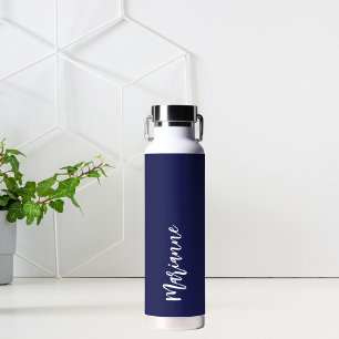 Navy blue white custom name script water bottle