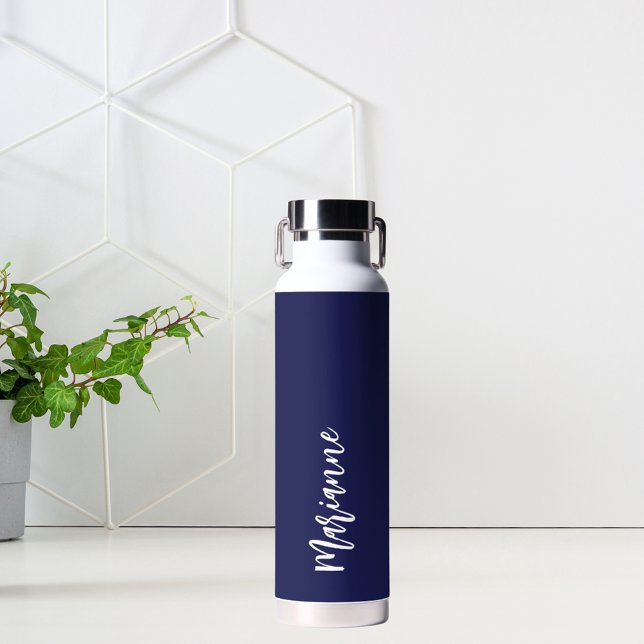 Navy blue white custom name script water bottle (Creator Uploaded)