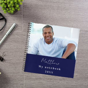Navy blue white custom photo notebook