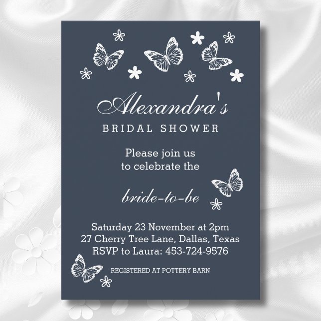 Navy Blue White Daisy Butterfly Bridal Shower Invitation (Creator Uploaded)