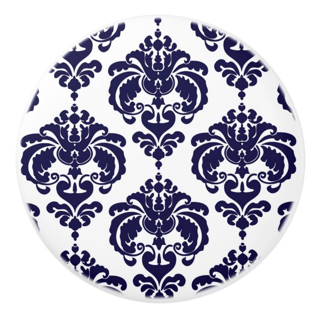 Navy Blue & White Damask Elegant Bedroom Dresser Ceramic Knob (Front)