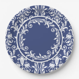Navy Blue White Damask Floral Swirls Sophisticated Paper Plate