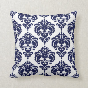 Navy Blue & White Damask Modern Elegant Pattern Cushion