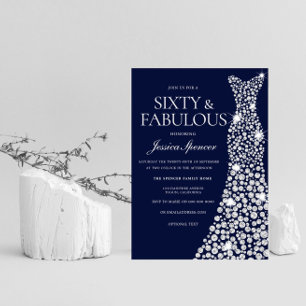 Navy Blue White Diamond Dress 60TH birthday Party Invitation