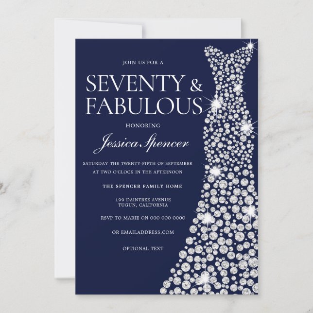 Navy Blue White Diamond Dress 70TH birthday Party Invitation (Front)