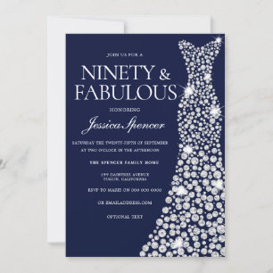 Navy Blue White Diamond Dress 90TH birthday Party Invitation