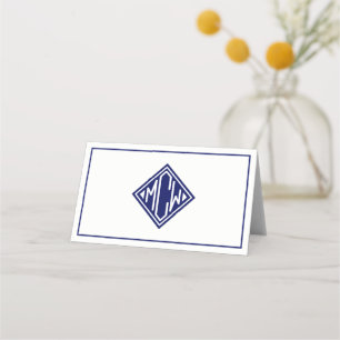 Navy Blue White Diamond Monogram Font DIY BG Place Card