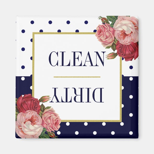 Navy Blue White Dots Floral Clean Dirty Dishwasher Magnet (Front)