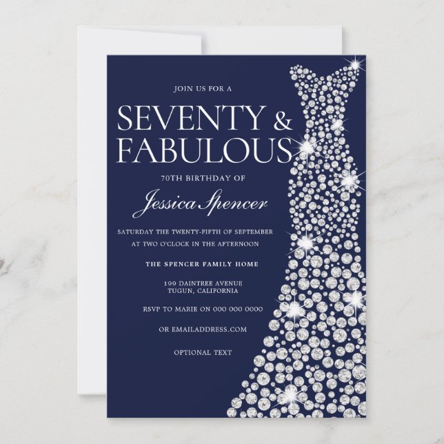 Navy Blue White Dress 70th Fabulous Birthday Party Invitation (Front)