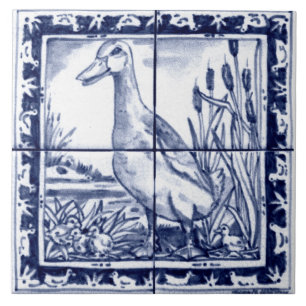 Navy Blue White Duck Duckling Dedham Delft Vintage Tile