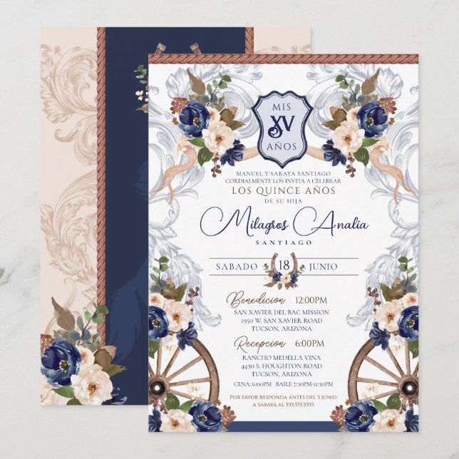 Navy Blue White Elegant Baroque Charro Quinceanera Invitation (Front/Back)