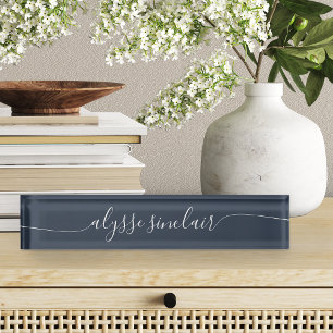 Navy Blue & White Elegant Calligraphy Script Nameplate