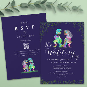 Navy Blue & White Elegant Dinosaur Wedding QR Code Invitation