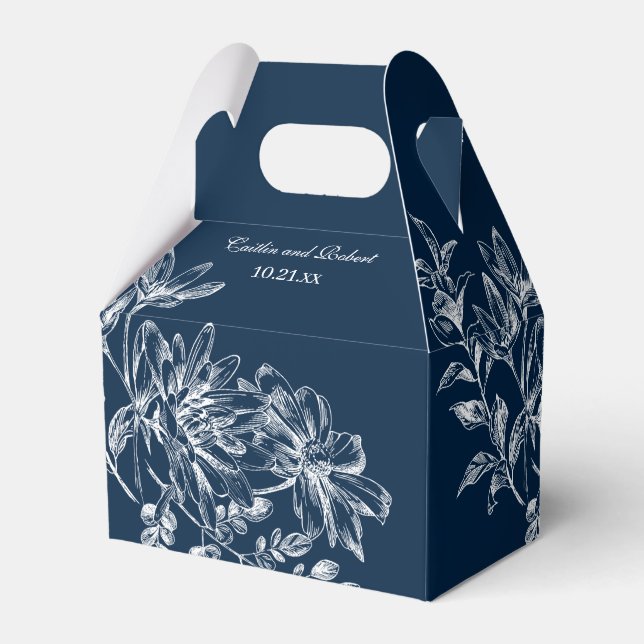 Navy Blue White Elegant Floral Wedding Favour Box (Front Side)