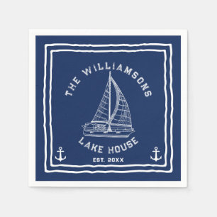 Navy Blue White Family Name Anchor Sailboat Lake Napkin