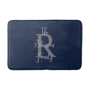 Navy Blue White Family Name Classic Monogrammed  Bath Mat