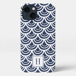 Navy Blue & White Fishscale Pattern Monogram iPhone 13 Case