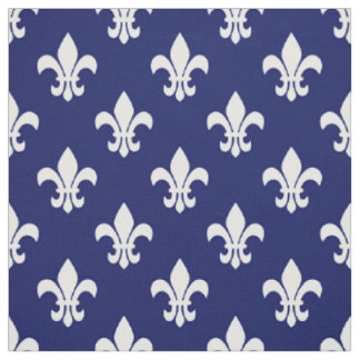 Navy Blue, White Fleur De Lis Pattern Fabric