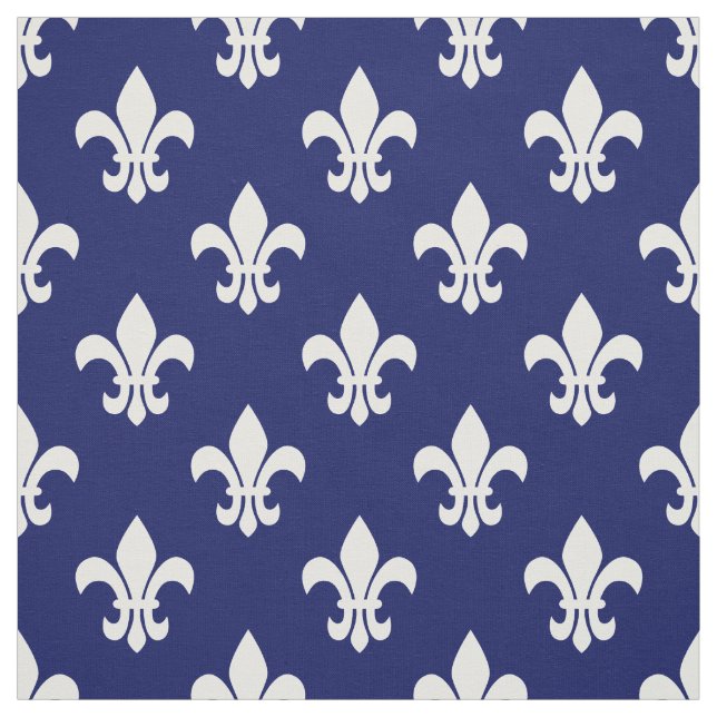 Navy Blue, White Fleur De Lis Pattern Fabric (Swatch)